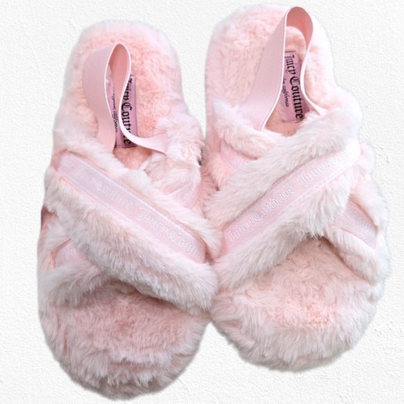 Juicy Couture Pink Faux Fur Slippers Size 8 Crisscross Fluffy Lounge Sandals - Picture 13 of 13